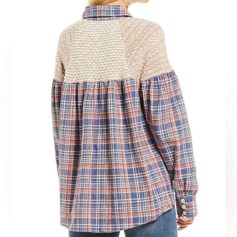 FREE PEOPLE Fireside Nights Plaid & Knit Long Sleeve Blouse Cloudy Combo Size S